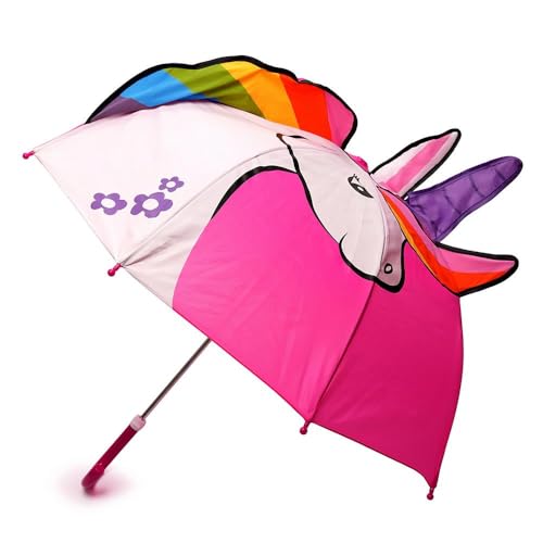 A2Z Kids Girls Boys 3D Umbrella Pink Unicorn Walking Stick Umbrellas Lightweight Brolly J Shape Plastic Handle Waterproof Rain Protection 45cm Octagonal Shape Canopy