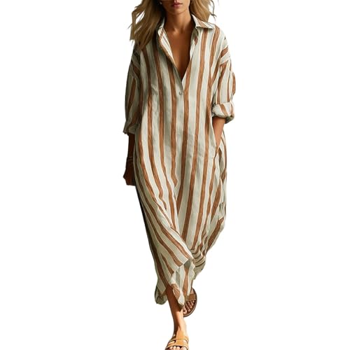Générique Robe Chemise Longue Rayée Décontractée Femme 2026, Manches 3/4 Retroussées Lin Coton Boho Plage Vacances