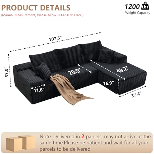Image of 107 inch W Modular Sectional Sofa, Upholstered Corduroy Cloud Couch with Deep Seat, Modern 3-Seater L-Shaped Sofa for Living Room, No Assembly Required (Black, Right-Facing Chaise)
