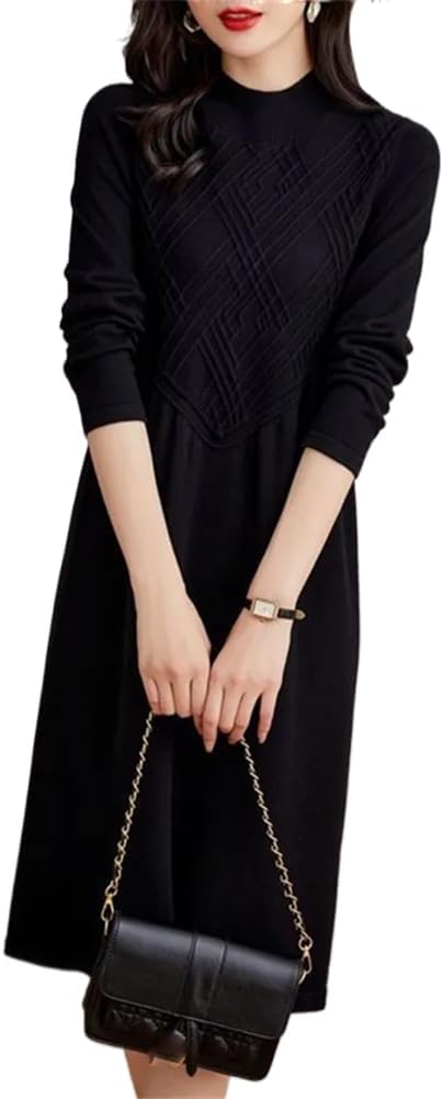 LIXINGHEITANG Oversize Pattern Patchwork Women Knitting Dress for Autumn Winter Collar Female Long Sweater Clothes