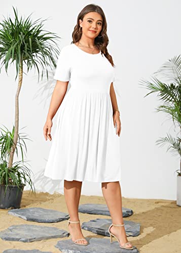 Image of POSESHE Womens Plus Size Summer Dress 2026 Casual Short Sleeve Empire Waist Loose Fit Swing T-Shirt Dress with Pockets