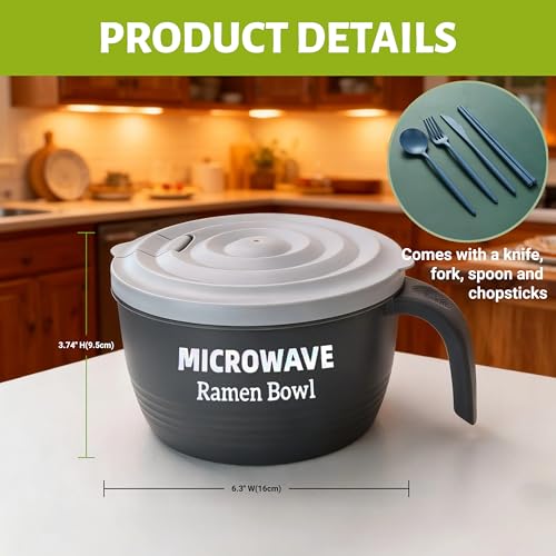 Image of Layron Large Ramen Bowl Set, Ramen Noodle Bowls Microwavable 45 oz, Ramen Cooker, Microwave Pasta Cooker, Ramen Bowl Microwave Gift for College Male Female Dorm Room (grey)