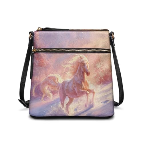 Pynewomyt Pink Snow Horse Small Crossbody Bags for Women Travel Purse Handbags Cross Body Zip Up Shoulder Bag with Adjustable Strap Cell Phone Storage Bag for Daily Travel