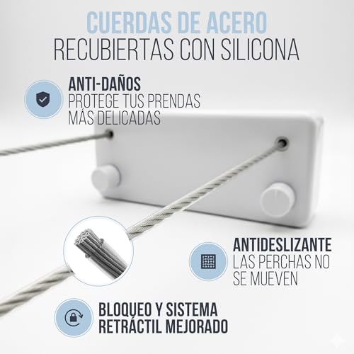 Miniatura 2 de Dynove Tendedero Retractil De Pared Blanco Con Doble Cuerda De Acero De 4,2 M Tenderete Extensible Resistente Y Compacto - Tendedero Extensible Pared Con Pinzas De Madera Y Bolsa De Tela Incluida