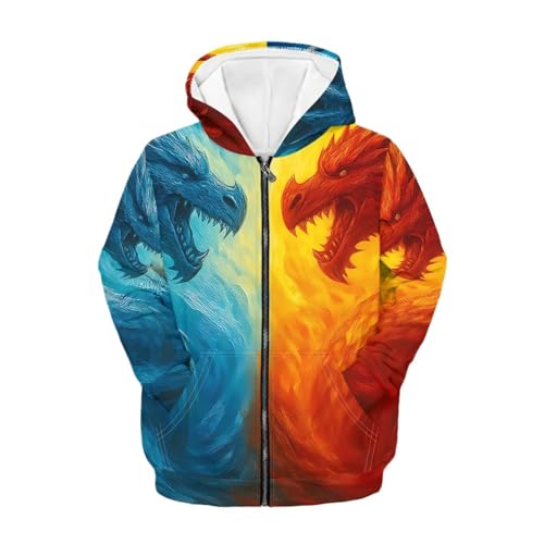 Watdotory Ice Fire Dragon Lightweight Kids Sweatshirt Zip Up Hooded Long Sleeve with Pockets Casual Sporty Top Size 14-16