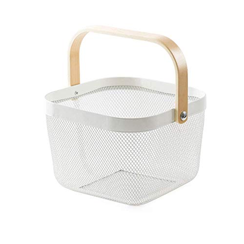 Bol à Fruits, Panier de Style Nordique, Simple avec poignée en Bois, Panier à Condiments, Panier en Fil pour légumes et Fruits, Organisateur de Masques télécommandés (24,5 * 24,5 * 17,5 cm), Bol Bla