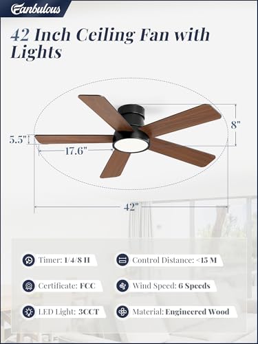 Fanbulous 42 Inch Ceiling Fans with Lights and Remote,Outdoor Indoor Modern Flush Mount Ceiling Fan with 3CCT 6-Speed Quiet DC Motor,Black Small Low Profile Ceiling Fan for Bedroom Living Room Office — view 6
