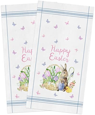 Beisseid Easter Day Kitchen Towels Bunny Eggs Butterfly Flowers Dish Cloth Fingertip Bath Towels Cloth Blue Stripes Hand Drying Soft Cotton Tea Towel Set, 18x28in 2PCS