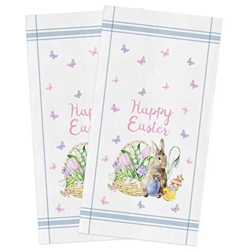 Beisseid Easter Day Kitchen Towels Bunny Eggs Butterfly Flowers Dish Cloth Fingertip Bath Towels Cloth Blue Stripes Hand Drying Soft Cotton Tea Towel Set, 18X28In 2Pcs #TOP4