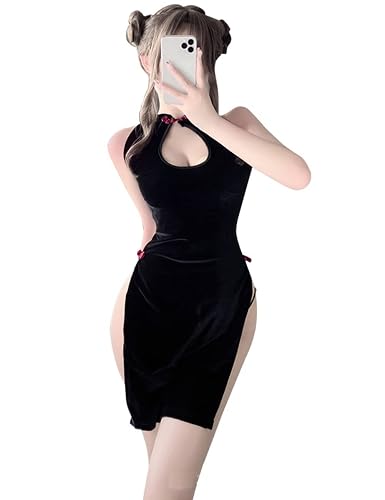 Women High Slit Cheongsam Long Dress Black, One Size