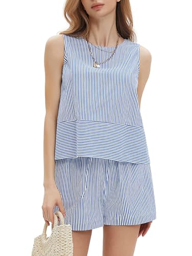 EXLURA Women's Summer 2 Piece Outfits Sleeveless Tank Top Matching Shorts Sets Cotton Striped Sweatsuits Vacation Beach 2025