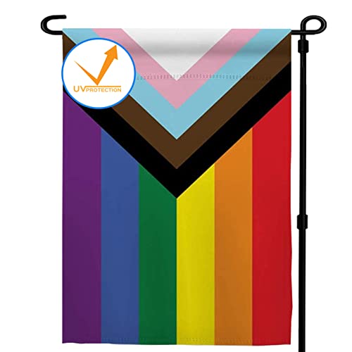 Progress Pride Rainbow Garden Flag 12.5x18 inch Outdoor-Double Sided LGBTQ Gay Lesbian Bisexual Non Binary Transgender All Inlcusive Progressive Pride Rainbow Flag Vivid Color Polyester Yard Flags