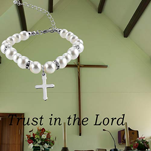 Potiy Christening Gift Pearl Bracelet With Cross For First Communion Baptism Jewelry Communion Gift For Godmother Goddaughter Religious Jewelry (Cross Charm Pearl Bracelet) #TOP4