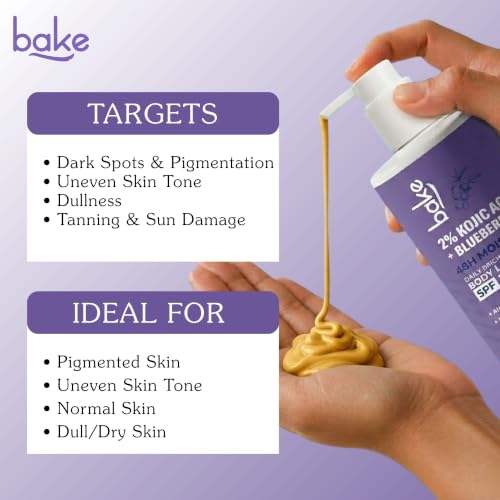 Image of BAKE 2% Kojic Acid Brightening Body Lotion (300 ml) with Niacinamide & SPF 30 for Pigmentation & Tan Removal | For Dark Spots & Sun Protection | Tanned & Pigmented Skin | For Women & Men