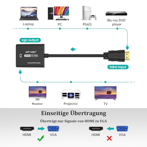 MT-VIKI HDMI zu VGA Adapter Stecker auf Buchse 1080P Kompatibel mit Computer Desktop Laptop PC Monitor Projektor HDTV Chromebook Roku Xbox und mehr 1 Stück