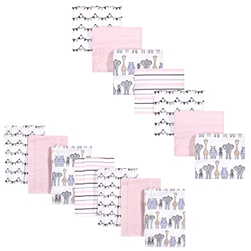 Hudson Baby Unisex Baby Cotton Flannel Burp Cloths and Receiving Blankets, 14-Piece, Pink Safari, One Size