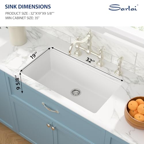 Sarlai 32 Kitchen Sink White Granite Composite - 32 x 19 inch Kitchen Sink Ledge workstation Undermount White Granite Composite Quartz Single Bowl Under Counter Kitchen Sinks Basin - Thumbnail 5