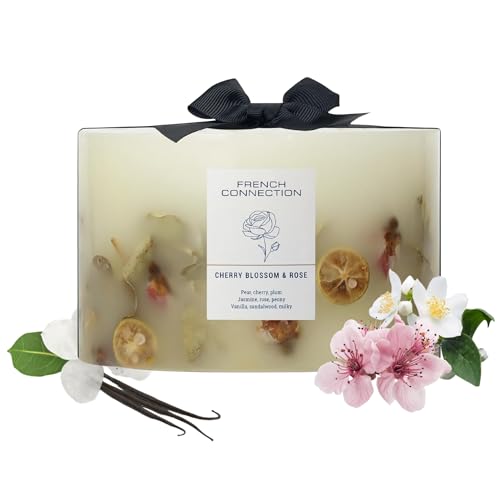 Image of French Connection Cherry Blossom & Rose Scented Candle Botanical Pillar Candle | Aromatherapy Candles Gifts For Women & Men- (1.5KG/91hr) Burn Time | Long-Lasting Large 3 Wick Candle Housewarming Gift