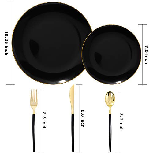 Nervure 30 Guests Black Plastic Plates With Gold Rim&Gold Plastic Silverware With Black Handle - Premium Heavyweight Plastic Tableware - Ideal For Weddings & Parties & New Year's Day #TOP1