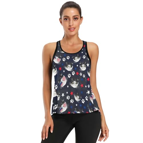 Tops de treino Paw Cat 4 de julho Dia da Independência Mulheres Costas Abertas Tie Back Muscle Tank