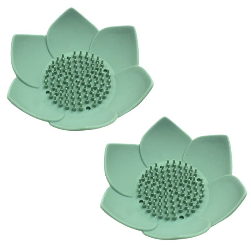 2 Pcs Silicone Soap Dish, Lotus Shape Soap Dish, Non-Slip Portable Shower Soap Holder Self Draining Soap Holder Dishwashing Brush Drainage Mat for Kitchen Bathroom, 12.5x12.5CM (Green)