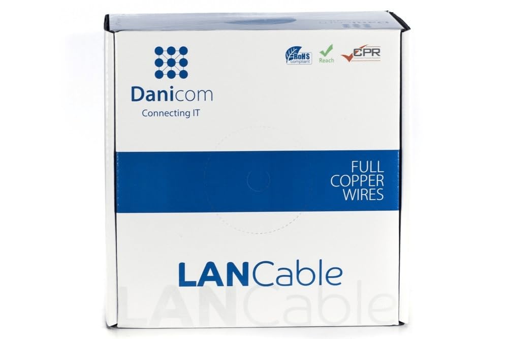 Danicom CAT6A S/FTP 100m cable sur bobine rigide - LSZH (Dca), POE, Ethernet, LAN, câble de raccordement, câble de données, RJ45 - pour armoire de serveur, commutateurs, routeurs, modems !