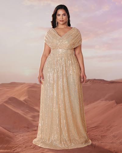 Women's Plus Size V Neck Sequin Formal Maxi Dress A-Line Prom Evening Party Gowns2
