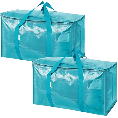 TICONN 2 Pack Extra Large Moving Bags with Zippers & Carrying Handles, Heavy-Duty Storage Tote Moving Boxes for Space Saving (2 Pack, Aqua)