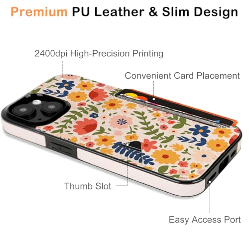 uCOLOR for iPhone 13 14 15 Case with Card Holder- Slim Leather Wallet Case Credit Card Holder Drop Protective Hidden Card Slot Cover for Woman Man (Colorful Wild Flowers, iPhone 15/14/13) by uCOLOR - Used condition - Image 4