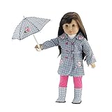 18 Inch Doll Clothes | Lovely 5-Piece Raincoat Outfit with Rose Embellishments, Including Matching Boots and Umbrella, White Long Sleeved T-Shirt and Bright Pink Leggings | Fits American Girl Dolls