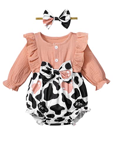 Image of Queenstyle Baby Girl Clothes 12-18 Month Girl Clothes Ruffle Long Sleeve Cotton Linen Romper Jumpsuits Cow Baby Clothes for Girls Baby Girl Outfit