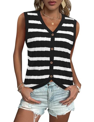 Image of LOOKBOHO Women V Neck Sweater Vest Cable Knit Button Down Striped Tank Top Casual Crochet Knitted Sleeveless Cardigan