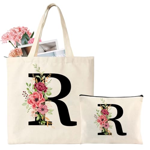 Initial Canvas Tote Bag, Personalized Present Bag with Floral Letter Cosmetic Bags, Suitable for Wedding, Birthday, Beach, Holiday, Great Gift for Women, Mom, Teachers, Friends, Bridesmaids(R)
