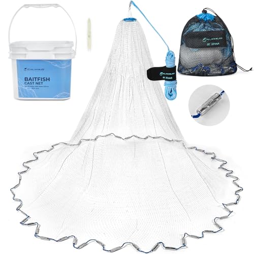 Calamus Cast Net 3/8' Mesh for Freshwater and Saltwater, 3ft-6ft Radius Casting Nets with Heavy-Duty Sinking Nylon Line, Mesh Storage Bag & Storage Bucket & Net Repair Kit