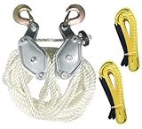 Heavy-duty Block and Tackle Pulley System, 4000LBS Breaking Strength, 65.6ft Rope Hoist with 2PCS 7.9ft Lift Sling for Construction Warehouse Hunting Deer Lifting