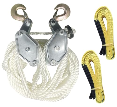 Heavy-duty Block and Tackle Pulley System, 4000LBS Breaking Strength, 65.6ft Rope Hoist with 2PCS 7.9ft Lift Sling for Construction Warehouse Hunting Deer Lifting