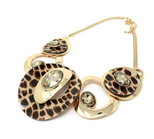 Fashion 21 Women's Celluloid Acetate Oval Disc Glass Stone Metal Link Statement 17 inches Plus Extension Link Necklace3