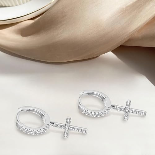 925 Sterling Silber Creolen Ohrringe mit Kreuz Anhänger, Funkelnde CZ Tropfen Ohrringe für Damen Herren, Hypoallergen Kleine Schlafen Knorpel Ohrringe Schmuck Geschenk