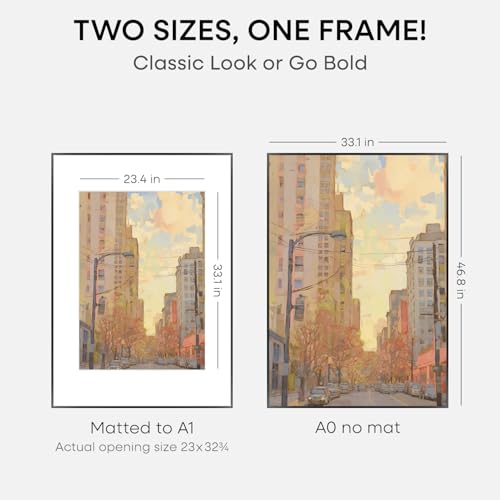 Image of Homeforia A0 Black Poster Frame, High-End Metal, A1 Mat, Glass | High End Aluminum, Tempered Glass, Acid-Free A1 Removable Mat, A0 Edge-to-Edge Display, Wall Kit, Set Of 1