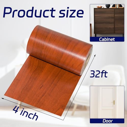 Image of Wood Border Peel and Stick, 4 inch X 32 ft Self Adhesive Wood Repair Tape, 1Roll Colored Trim for Mirrors, Doors, Windows, Floors, Furniture, Bathroom (Reddish Brown)