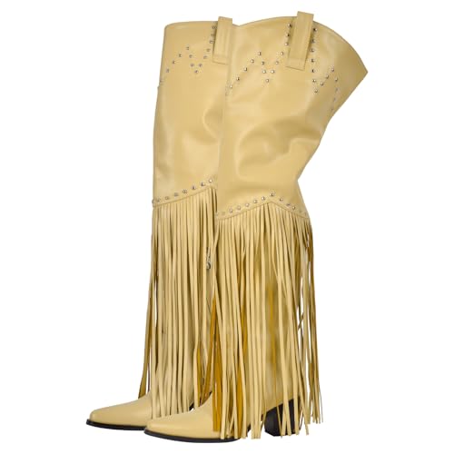 Image of richealnini Western Thigh High Cowboy Boots with Fringe Over Knee Wide Calf Cowgirl Boots