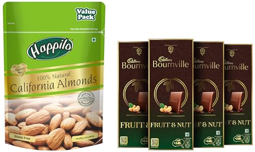 Image of Happilo 100% Natural Premium California Dried Almonds 500g Pack Pouch & Cadbury Bournville Fruit and Nut Dark Chocolate Bar, 80 g (Pack of 4)