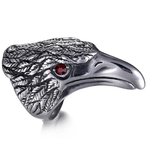 Bague en oxyde de zirconium rouge homme style tête d'aigle viking et biker