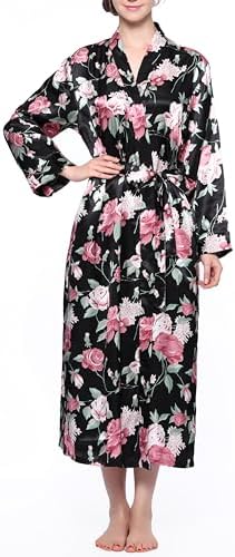 Lavenderi Women's Long Classic Satin Kimono Lounge Bathrobe Robe