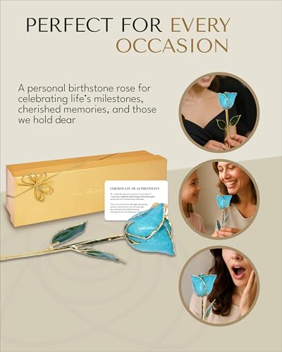 Image of Forever Rose Hand-Dipped in 24K Gold, Aquamarine March Birthstone