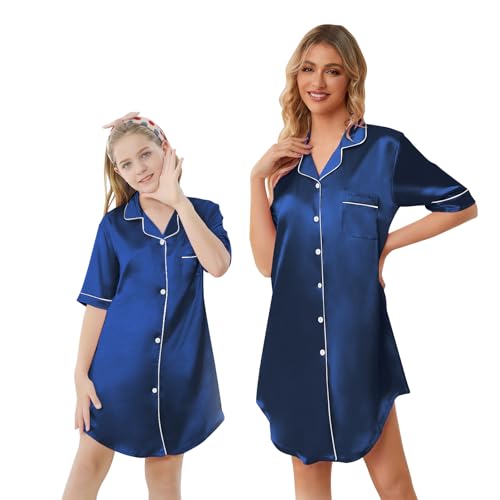 Image of Schbbbta Girls & Women Silk Nightgown, Short Sleeve Button Down Satin Nightshirt Pajama House Dress, 3 Years- Women 2XL
