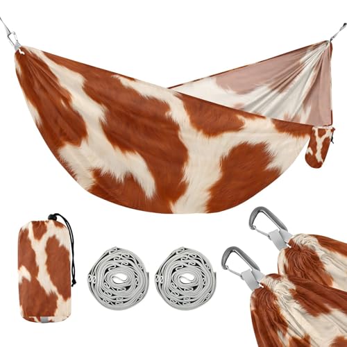 ATTX Brown and White Cow Camping Hammock - Lightweight & Portable Hammocks, Heavy Duty 330lbs Capacity for Indoor, Hiking, Backpacking, Travel, Backyard, Beach#154