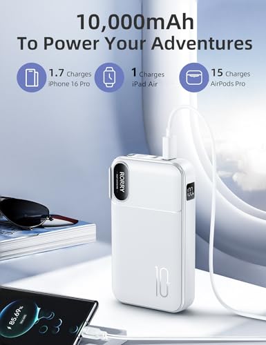 Image of RORRY Portable Charger w /Wall Plug 10000mAh Power Bank 22.5W Battery Pack | Built in Cables, Fast Charging, for iPhone, iPad, Samsung Galaxy, Pixel, LG, Travel Essential, Digital Display, Pocket Size