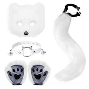Xerteam Kunstpelz Fuchs Kostüm, Fuchs Cosplay Kostüm Set Plüsch Fuchsschwanz Fuchs Maske Glocken Halskette Fuchshandschuhe, Geeignet für Halloween Karnevals Cosplay Partys (Weiß)