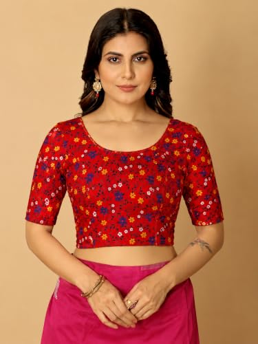 Image of Amazon Brand - Anarva Round Neck Dobby Cotton Lycra Stretchable Elbow Half Sleeve Readymade Saree Blouse for Women Stylish